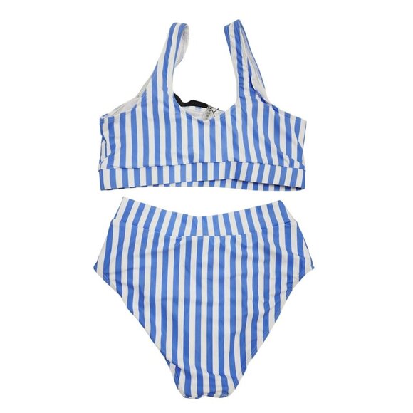 Blue White Striped Bikini Set Scoop Neck Top High Waist Bottoms Size M Tempt Me - Picture 2 of 6